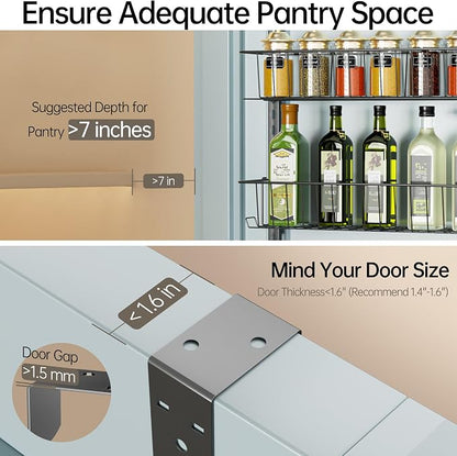 Delamu Adjustable Cabinet Door Organizer, 6-Tier Hanging Spice Rack Organizer, Metal Over the Door Pantry Organizer, Pantry Organizers and Storage Shelves for Kitchen Bathroom Laundry Room, Black