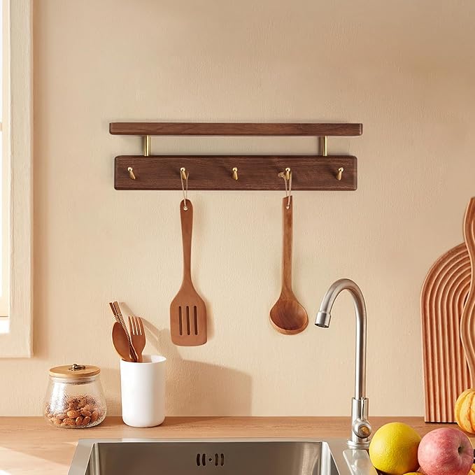 Solid Wood Shelf with Hooks, 15 inch Coat Rack Wall Mount, Shelves with 5 Brass Hooks for Hanging in Entryway, Living Room, Bathroom, Bedroom, Kitchen(Walnut)