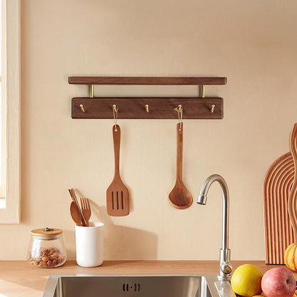 Solid Wood Shelf with Hooks, 15 inch Coat Rack Wall Mount, Shelves with 5 Brass Hooks for Hanging in Entryway, Living Room, Bathroom, Bedroom, Kitchen(Walnut)