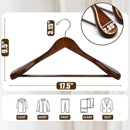 Amber Home 6 Pack Walnut Wide Shoulder Wooden Suit Coat Hangers with Non Slip Pants Bar, Solid Wood Jacket Clothes Hangers Smooth Finish for Sweater, Pants, Heavy Clothes (Walnut, 6 Pack)