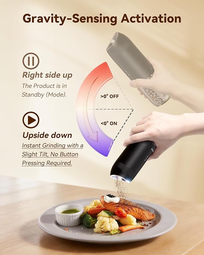 WONMAKE Gravity Electric Salt and Pepper Grinder Set with Charging Base, Automatic Salt and Pepper Mill, 6-Level Adjustable Coarseness, Dual Speed, and Large 5.95oz Capacity