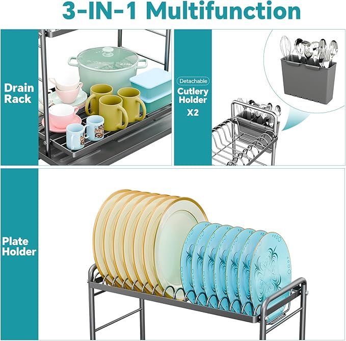 Simple Trending Dish Drying Rack, 2-Tier Dish Rack for Kitchen Counter, Large Dish Drainers Sink Organizers and Storage, Silver