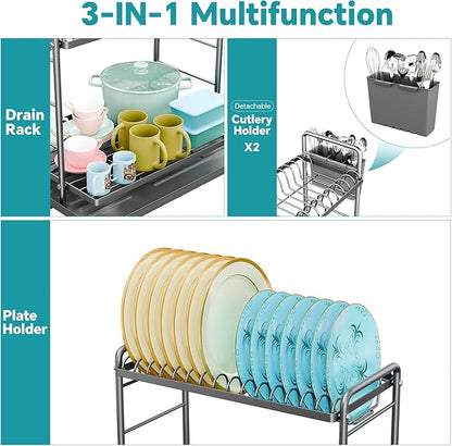 Simple Trending Dish Drying Rack, 2-Tier Dish Rack for Kitchen Counter, Large Dish Drainers Sink Organizers and Storage, Silver