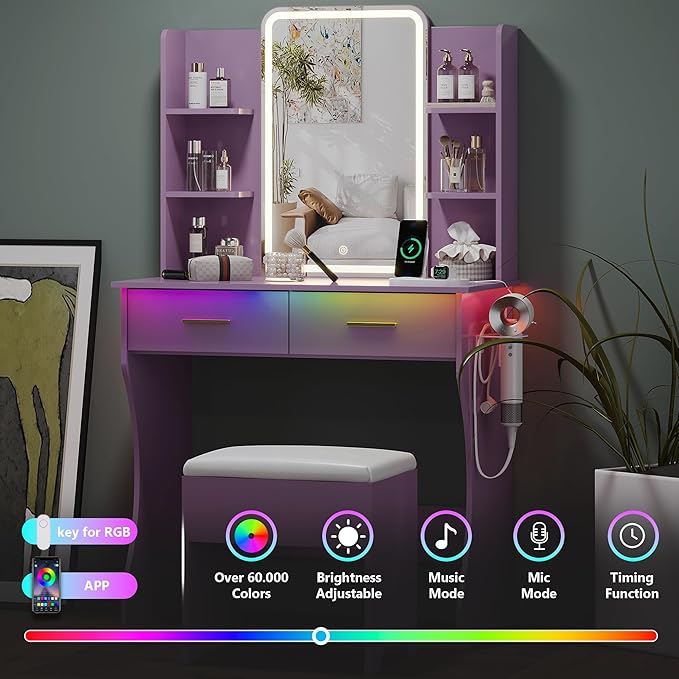 Small Vanity Desk with Mirror and Lights, Makeup Vanity with LED Lights, Purple Vanity Mirror with Lighted Desk and Chair, 3 Lighting Adjustable Compact Dressing Table with Mirror for Women, Girls