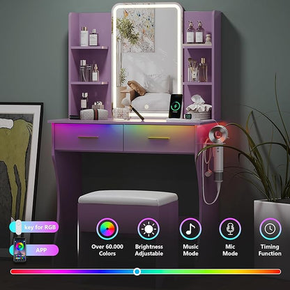 Small Vanity Desk with Mirror and Lights, Makeup Vanity with LED Lights, Purple Vanity Mirror with Lighted Desk and Chair, 3 Lighting Adjustable Compact Dressing Table with Mirror for Women, Girls