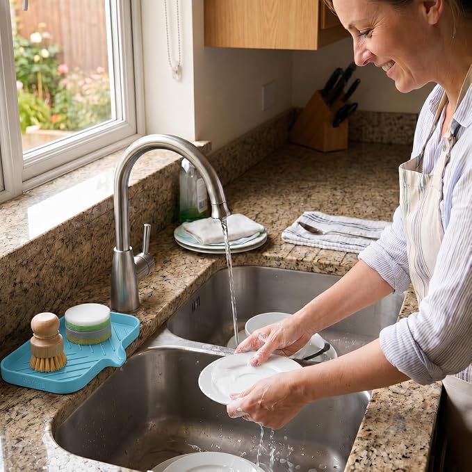 MicoYang Silicone Soap Dish with Drain Spout — Self-Draining Sink Organizer Tray for Bathroom & Kitchen, Sponges, Dispensers & Soap Holder, Non-Slip & Dishwasher Safe, Light Blue (Medium, 9.6"×5.3")