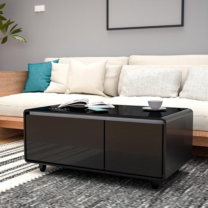 Smart Coffee Table with Fridge and Bluetooth Speakers, Smart Refrigerator Table with 15W Wireless Charger, Touch Control Panel, USB Port, Atmosphere Light and More, LT90 Pro-Black