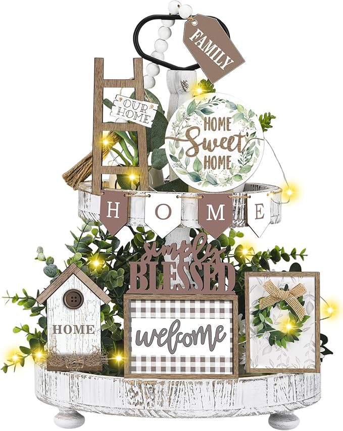 Set of 11 Farmhouse Tiered Tray Decor Rustic Home Tiered Tray Decorations Set Wooden Signs Home This is Us Farmhouse Tabletop Wood Signs for Kitchen Table Shelf Decor