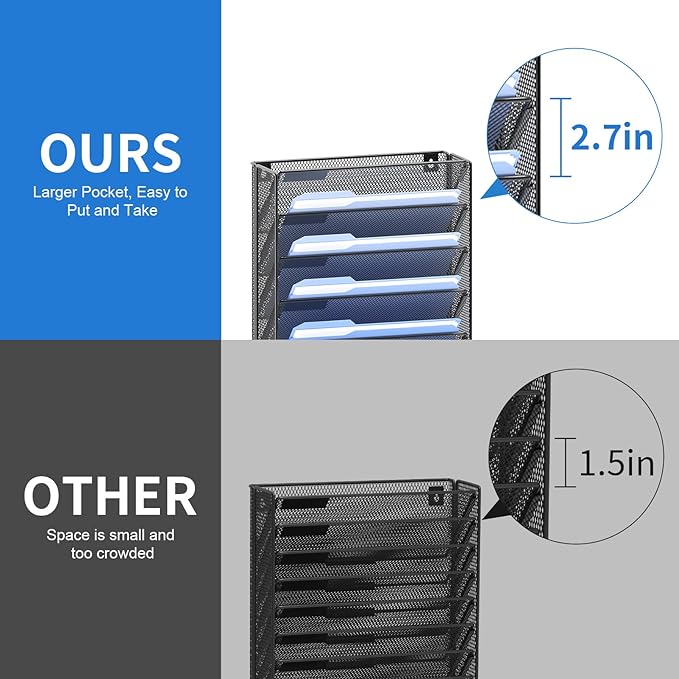 OUTWOLF Hanging Wall File Organizer with Hooks, 12 Tier Vertical Wall Mount File Holder, File Folder Wall Organizer for Office