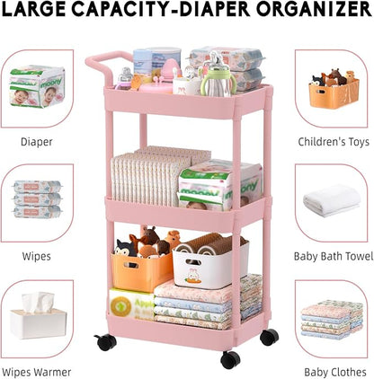 Volnamal Diaper Caddy - Plastic Diaper Organizer for Nursery Essentials, Baby Organizers and Storage, Movable Cart for Changing Table & Crib, Baby Registry Search, Pink