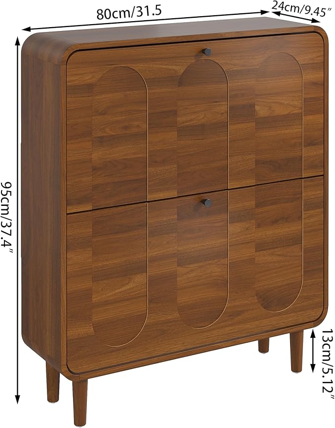 Narrow Shoe Storage Cabinet for Entryway with 2 Flip Drawers, Curved Shoe Cabinet with Arched Stripe Panel, Freestanding Hidden Shoe Organizer Closed for Foyer, Hallway (Walnut, 31.5 inches)