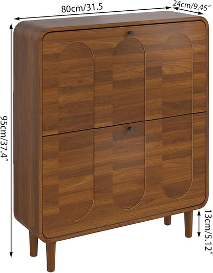 Narrow Shoe Storage Cabinet for Entryway with 2 Flip Drawers, Curved Shoe Cabinet with Arched Stripe Panel, Freestanding Hidden Shoe Organizer Closed for Foyer, Hallway (Walnut, 31.5 inches)