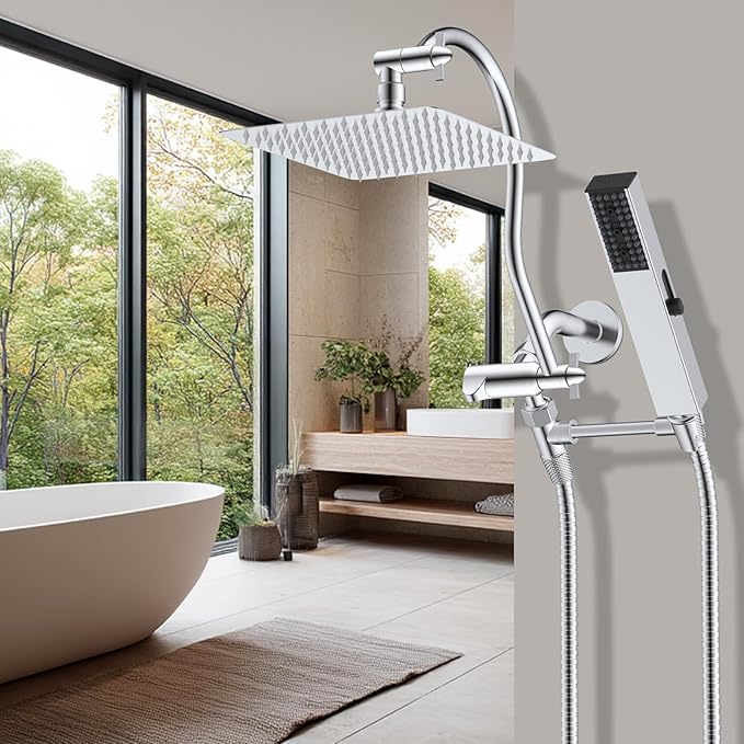 Hibbent All Metal cUPC Certified Shower Head, 8'' High Pressure Rainfall Shower Head, Showerhead Combo, Handheld Shower Wand, 12'' Adjustable Extension Arm, 4-Spray, 71'' Hose, Shower Holder, Chrome