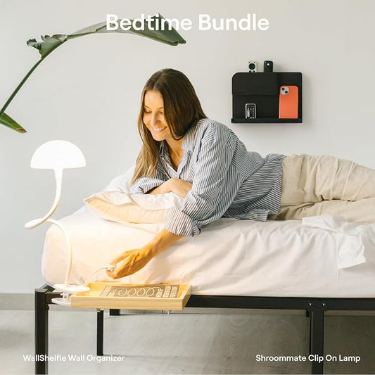 Smallish 2-Pack: WallShelfie & Shroommate - Bedside Wall Organizer with Shroommate Clip On Light Bundle - Dorm Room Essential, Floating Bedside Shelf Wall Mount, Clip on for Desk, Remote Holder