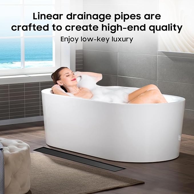 DLONE Linear Shower Drain | 28" AISI 304 Stainless Steel Linear Drain, Matte Black Shower Drain with Tile Insert Panel & Adjustable Feet, Long Rectangle Shower Floor Drain in Bathroom, Balcony, etc