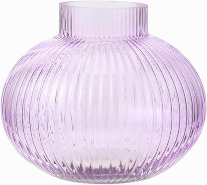 Purple Glass Vase, Flower Vases for Bouquet, Ribbed Glass Vases for Flowers, Small Purple Vase for Living Room, Office, Coffee Table, Shelf, Wedding, 6 Inches