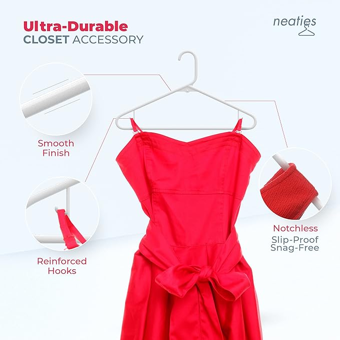 Neaties Plastic Hangers 100+ Pack (150 Count) – Made in The USA – 6lb Capacity Standard Clothes Hangers with Strap Hooks for Dresses, Lingerie, Shirts, Pants, and Jackets – White & Mint
