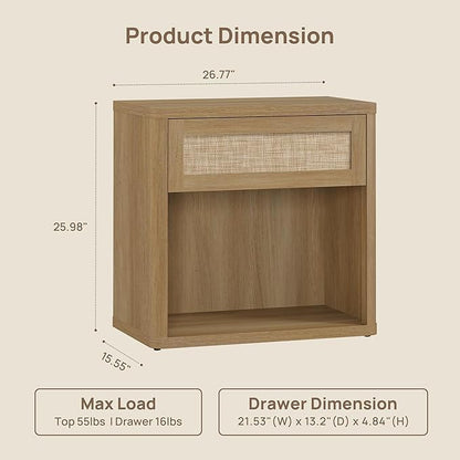 SICOTAS Night Stand Set of 2 26" Wide Large Nightstands with Drawer & Shelf Storage Rattan Bedside Table Boho End Table Tall Bed Side Tables Night Stands for Bedroom Living Room Sofa Office, Amber Oak