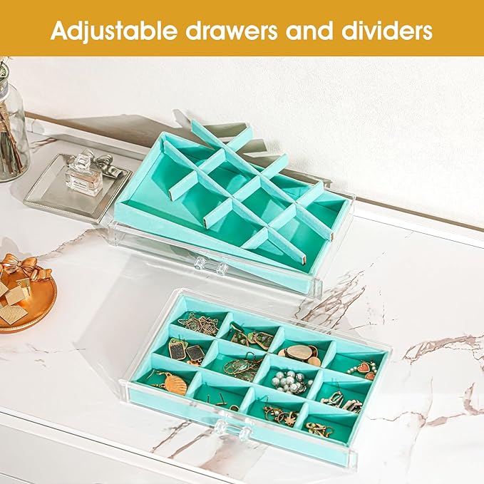 ProCase Earring Holder Organizer Jewelry Box with 5 Drawers, Acrylic Clear Earring Case with Adjustable Velvet Trays for Women - Aqua, 5 Layers