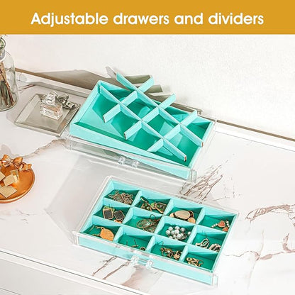 ProCase Earring Holder Organizer Jewelry Box with 5 Drawers, Acrylic Clear Earring Case with Adjustable Velvet Trays for Women - Aqua, 5 Layers