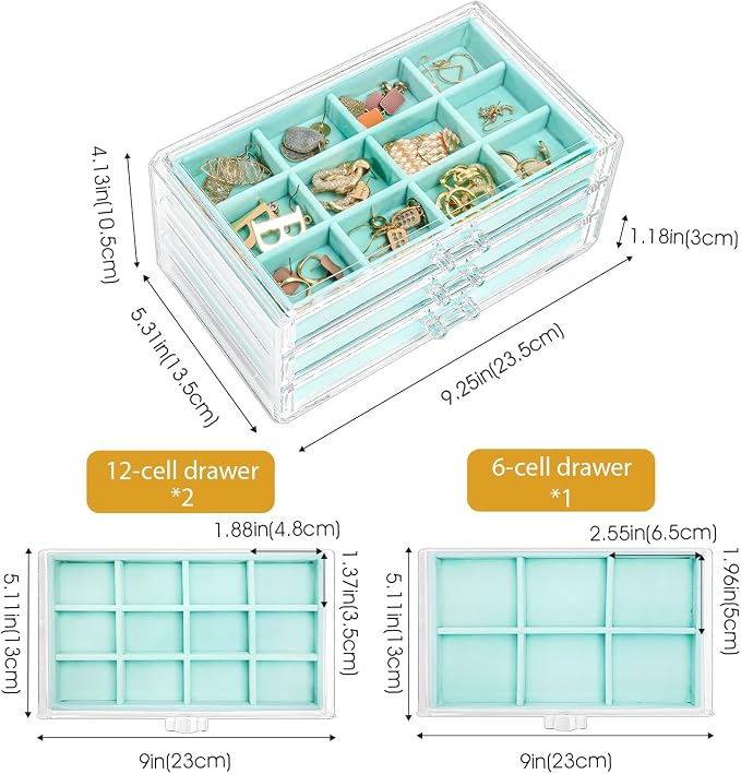 ProCase Earring Holder Organizer Jewelry Box with 3 Drawers, Acrylic Clear Earring Case with Adjustable Velvet Trays for Women - Aqua, 3 Layers
