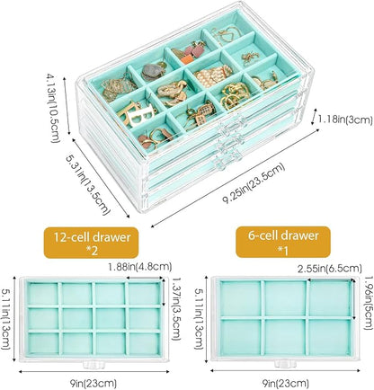ProCase Earring Holder Organizer Jewelry Box with 3 Drawers, Acrylic Clear Earring Case with Adjustable Velvet Trays for Women - Aqua, 3 Layers