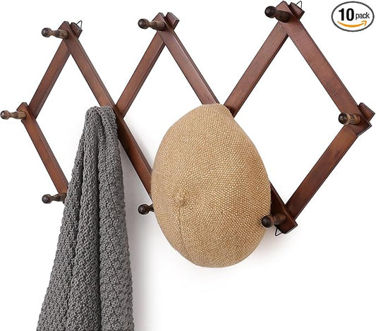 SCUNDA Wall Rack with 10 Hooks, Wooden Wall Expandable Coat Rack for Coat, Hats, Baseball Caps, Coffee Mug, Jewelry(Brown)