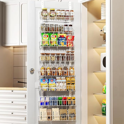 Delamu Adjustable Cabinet Door Organizer, 8-Tier Hanging Spice Rack Organizer, Metal Over the Door Pantry Organizer, Pantry Organizers and Storage Shelves for Kitchen Bathroom Laundry Room, White