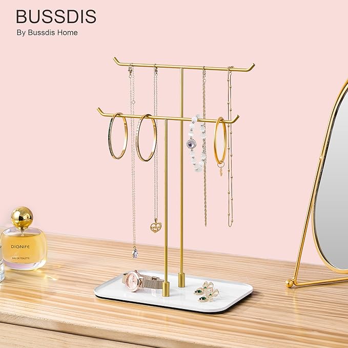 bussdis Gold Jewelry Organizer Necklace Holder Stand: 2-Tier T-Bar Display with White Metal Tray, Holds Necklaces Bracelets Earrings, Countertop Jewelry Tree