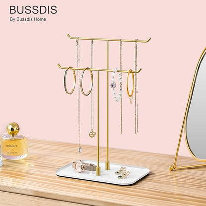 bussdis Gold Jewelry Organizer Necklace Holder Stand: 2-Tier T-Bar Display with White Metal Tray, Holds Necklaces Bracelets Earrings, Countertop Jewelry Tree