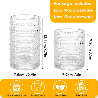 Moretoes Water Glass Cups Set of 2 Hobnail Drinking Glasses, Vintage Glassware 12 Oz Highball Glasses & 10 Oz Cocktail Glasses, Clear Embossed Tumbler Glassware Set for Whiskey, Beer, Juice, Milk