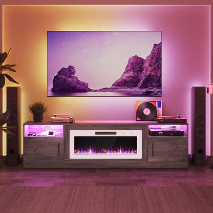 PRETZI Fireplace TV Stand with 36" Fireplace Up to 90" TVs, 80" Entertainment Center with LED Lights, Remote Control, TV Media Console with Storage Cabinets for Living Room, Grey+White