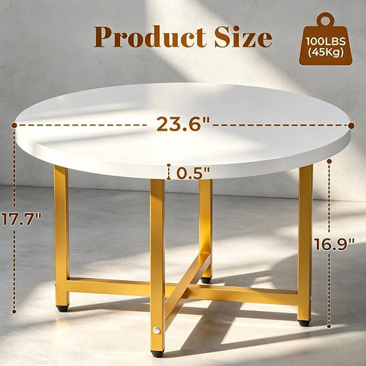 FAMIDGE Round Coffee Table, Small Coffee Tables for Living Room, Wood Coffee Table with Metal Frame, Floor Table Desk for Sitting on The Floor, Home, Office, Farmhouse, White & Gold (23.6"D x 17.7"H)