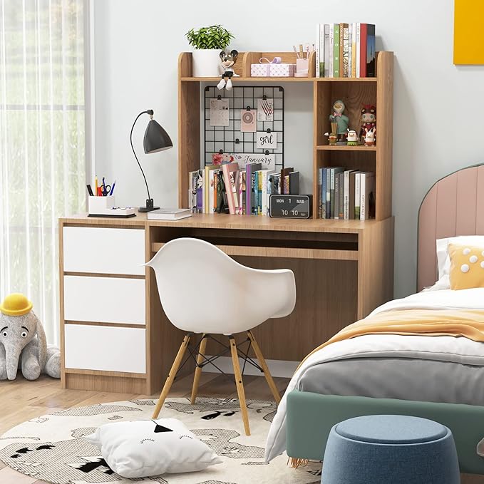 Desk Hutch, Desktop Shelf with 5 Shelves, Desk Bookshelf w/Anti-Toppling Devices, Wood Table Top Bookshelf Organizer, Small Desk Shelf for Study, Office, Dorm (Natural, 5 Shelves)