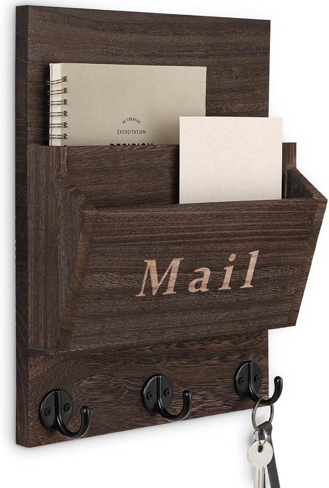 Mail and Key Holder - Decorative 8.86" x 11.42" Wall Key Hanger with 2 Mail Organizer Slots and 3 Hooks - Real Paulownia Wood with Keyhole Brackets, Hardware and Instructions (Brown)