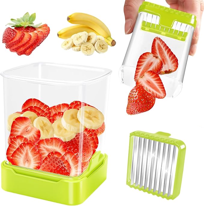 Fruit Slicer Cup for Strawberry, Banana, Hard-Boiled Egg - Detachable Cutter with Push Plate - Rapid & Safe Slicing Kitchen Gadget for Quick Meal Prep (Food green)