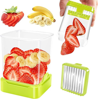 Fruit Slicer Cup for Strawberry, Banana, Hard-Boiled Egg - Detachable Cutter with Push Plate - Rapid & Safe Slicing Kitchen Gadget for Quick Meal Prep (Food green)