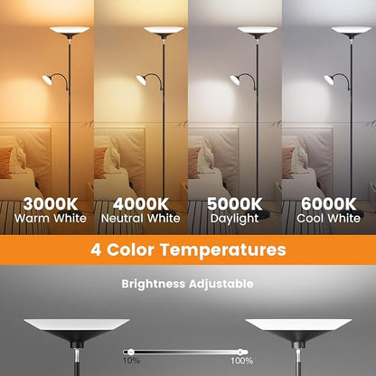 Upgraded 2-in-1 Torchiere Floor Lamp, Dimmable Standing Lamp with Remote&Touch Control, 34W Brightness Adjustable Floor Reading Light, Black Modern Corner Lamp for Living Room Bedroom Office
