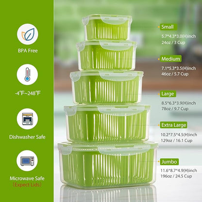LUXEAR Fruit Vegetable Produce Storage Saver Containers with Lid & Colander 5 Packs BPA-Free Plastic Fresh Keeper Set | Refrigerator Fridge Organizer | for Salad Berry Lettuce Food Celery - Green
