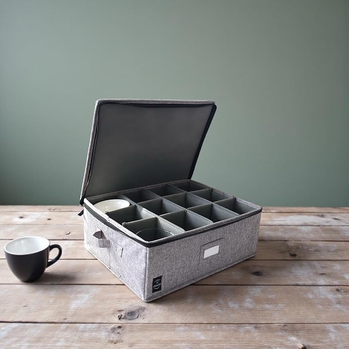 Cup & Mug Storage Container with Hard Top & Dividers – Stackable Coffee Cup Organizer for Mugs, Tea Cups & Household Storage – Fully Padded, Reinforced Sides – Grey