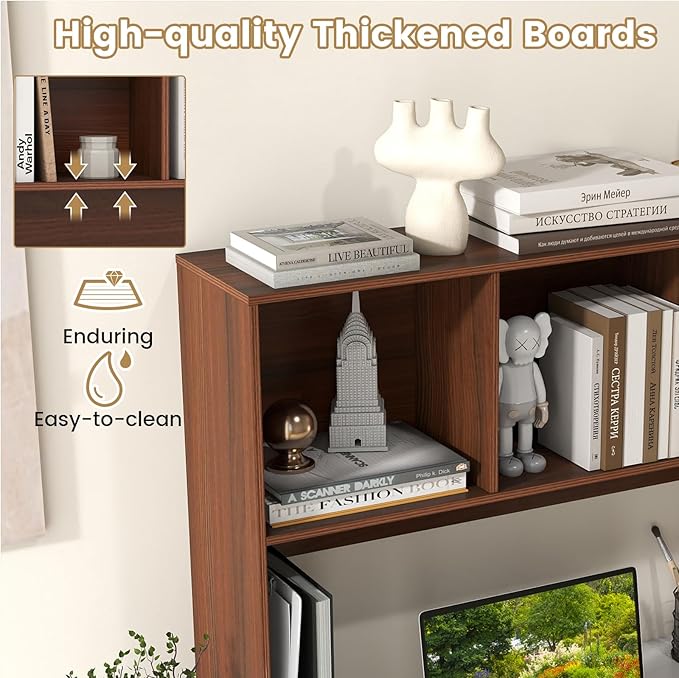 Desk Hutch, Desktop Shelf with 4 Shelves, Desk Bookshelf w/Anti-Toppling Devices, Wood Table Top Bookshelf Organizer, Small Desk Shelf for Study, Office, Dorm (Walnut, 4 Shelves)