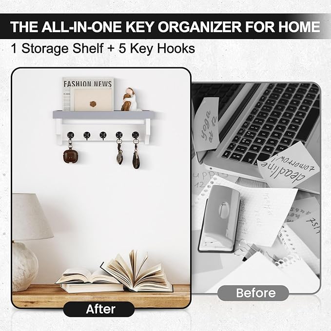 Key and Mail Holder Wall Mount, Key Holder with Shelf and Mail Organizer Wall Mount. Mail Holder with 5 Hooks for Coat, Dog Leash, Home Decor Rack, Entry Way Organizer (Gray & White)