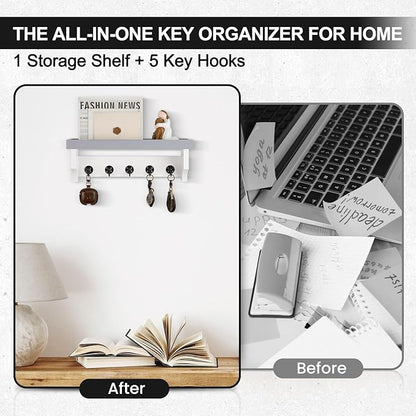 Key and Mail Holder Wall Mount, Key Holder with Shelf and Mail Organizer Wall Mount. Mail Holder with 5 Hooks for Coat, Dog Leash, Home Decor Rack, Entry Way Organizer (Gray & White)
