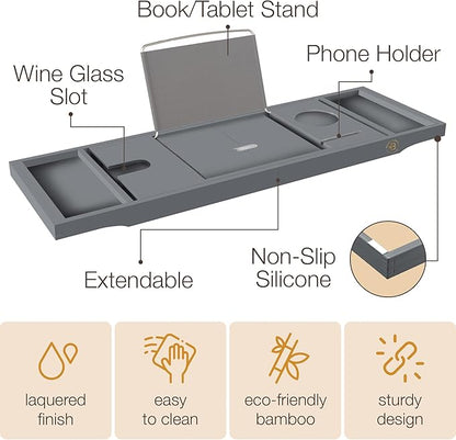 Gray Bathtub Tray for Tub - Grey Bamboo Bath Tray, Expandable Wooden Bath Caddy Tray with Wine Holder, Book and Tablet Stand, Bathroom Accessories, Tub Table, Bridal Shower Gifts for Women