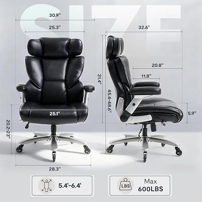 FLEXISPOT 600lbs Big and Tall Office Chair for Heavy People, Heavy Duty Computer Desk Chair with Dynamic Lumbar Support 2D Armrest Blade Wheels, Chairs for Home Office Gaming Working, Leather, Black