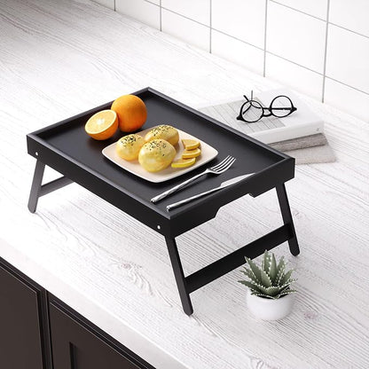 Fibogollo 4 Pack Bamboo Bed Tray Table with Folding Legs,Breakfast Trays,Serving Tray,Laptop Trays for Working,Food Snack Tray for Bed and Sofa(Black)