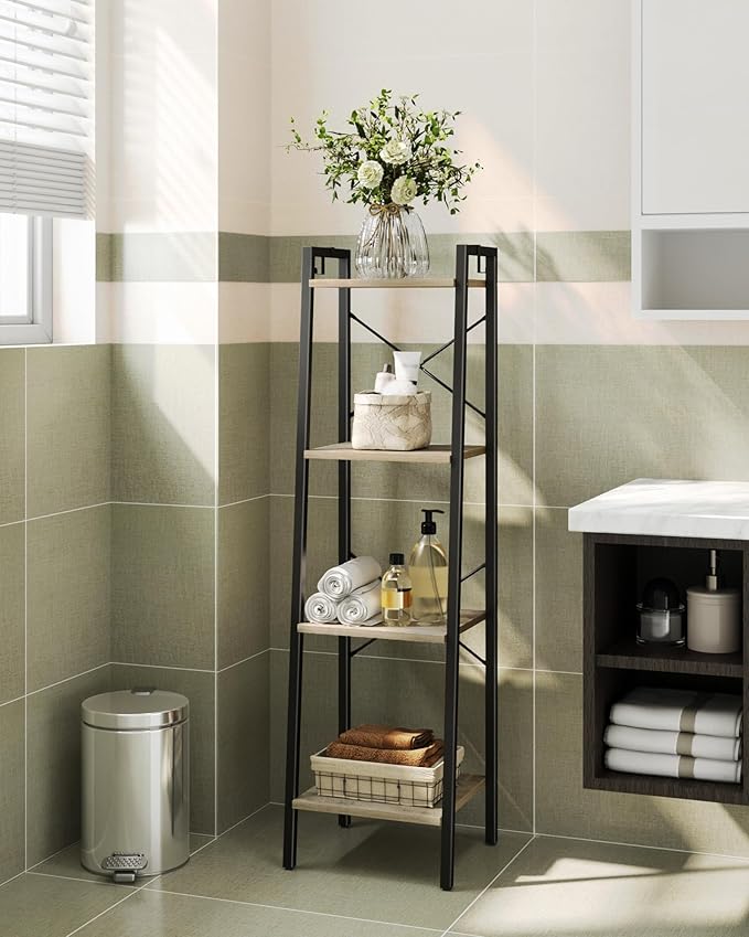 Ladder Shelf, Bookshelf Bookcase, Freestanding Corner Storage Shelve with 2 Hooks for Home Office, Living Room, Kitchen, Bedroom, Industrial, 11.8" D x 13.4" W x 47.2" H, Greige BC13205B