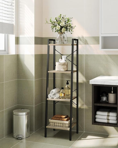 Ladder Shelf, Bookshelf Bookcase, Freestanding Corner Storage Shelve with 2 Hooks for Home Office, Living Room, Kitchen, Bedroom, Industrial, 11.8" D x 13.4" W x 47.2" H, Greige BC13205B