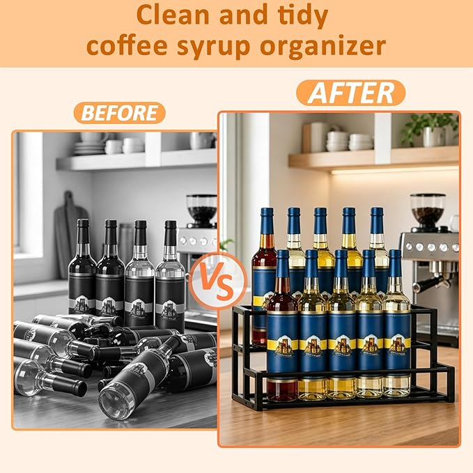 Expandable Coffee Syrup Organizer, 6-12 Bottles Syrup Rack, Coffee Bar Organizer, Adjustable Width for Coffee Bar Storage Shelves for Syrup, Wine, Dressing