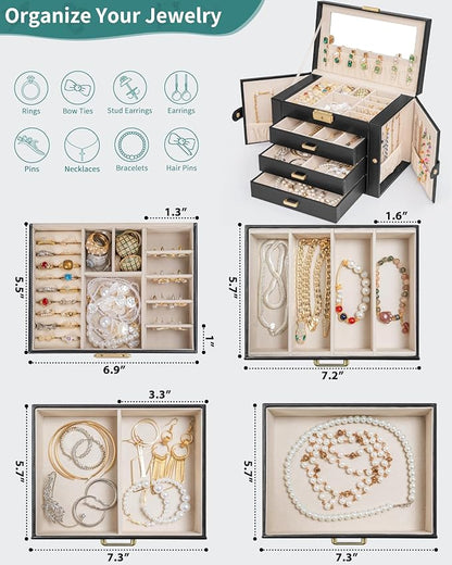 AKOZLIN Large 4-Tier Jewelry Box Leather Jewelry Storage Organizer with 3 Drawers Lockable for Women Girls Ring Necklace Earring Bracelet Watches Holder with Mirror Black